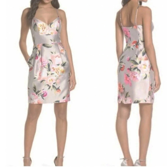Eliza J Pink Floral Print Mikado Tulip Cocktail Dress Size 4 - Picture 2 of 7